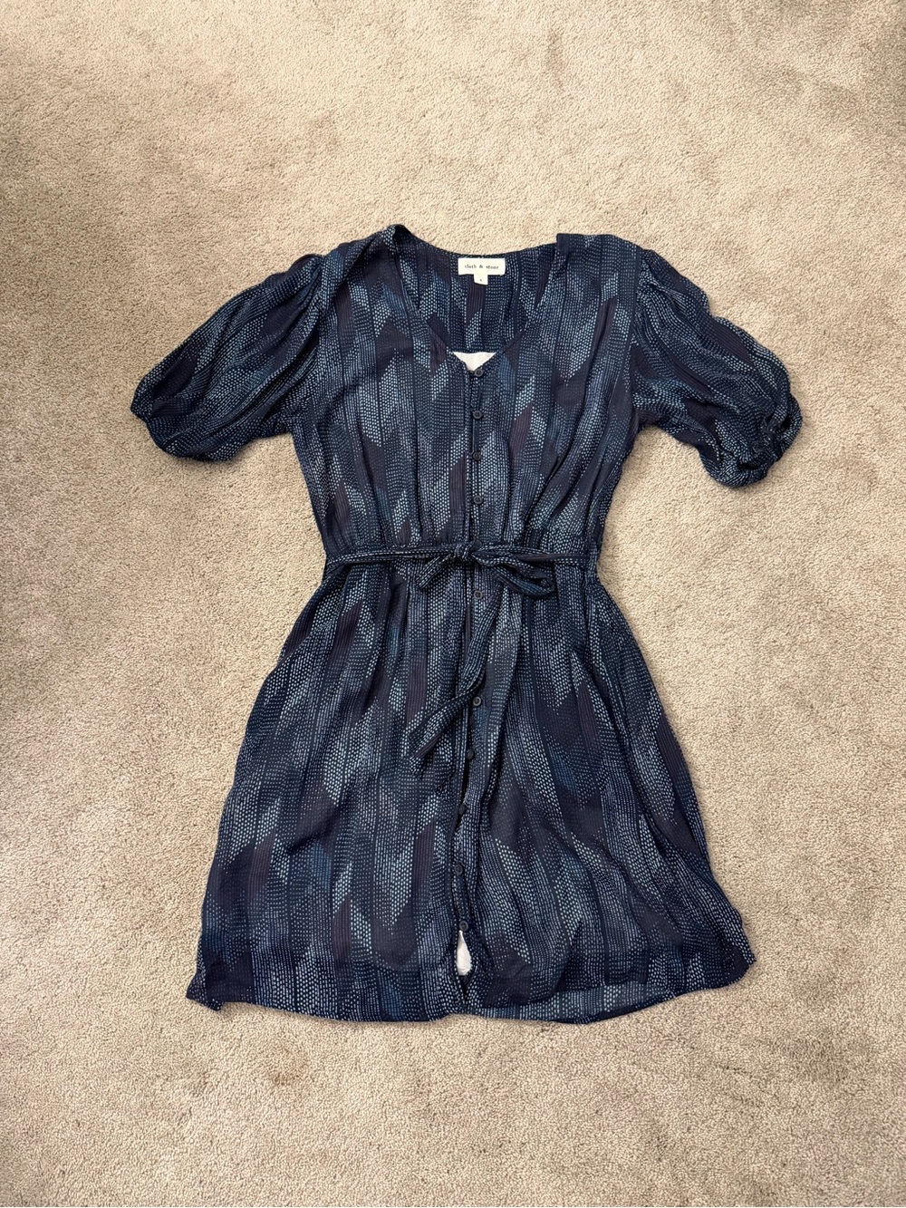 Anthropologie Cloth & Stone Navy Patterned Button-Front Mini Dress Tie belt Sz S